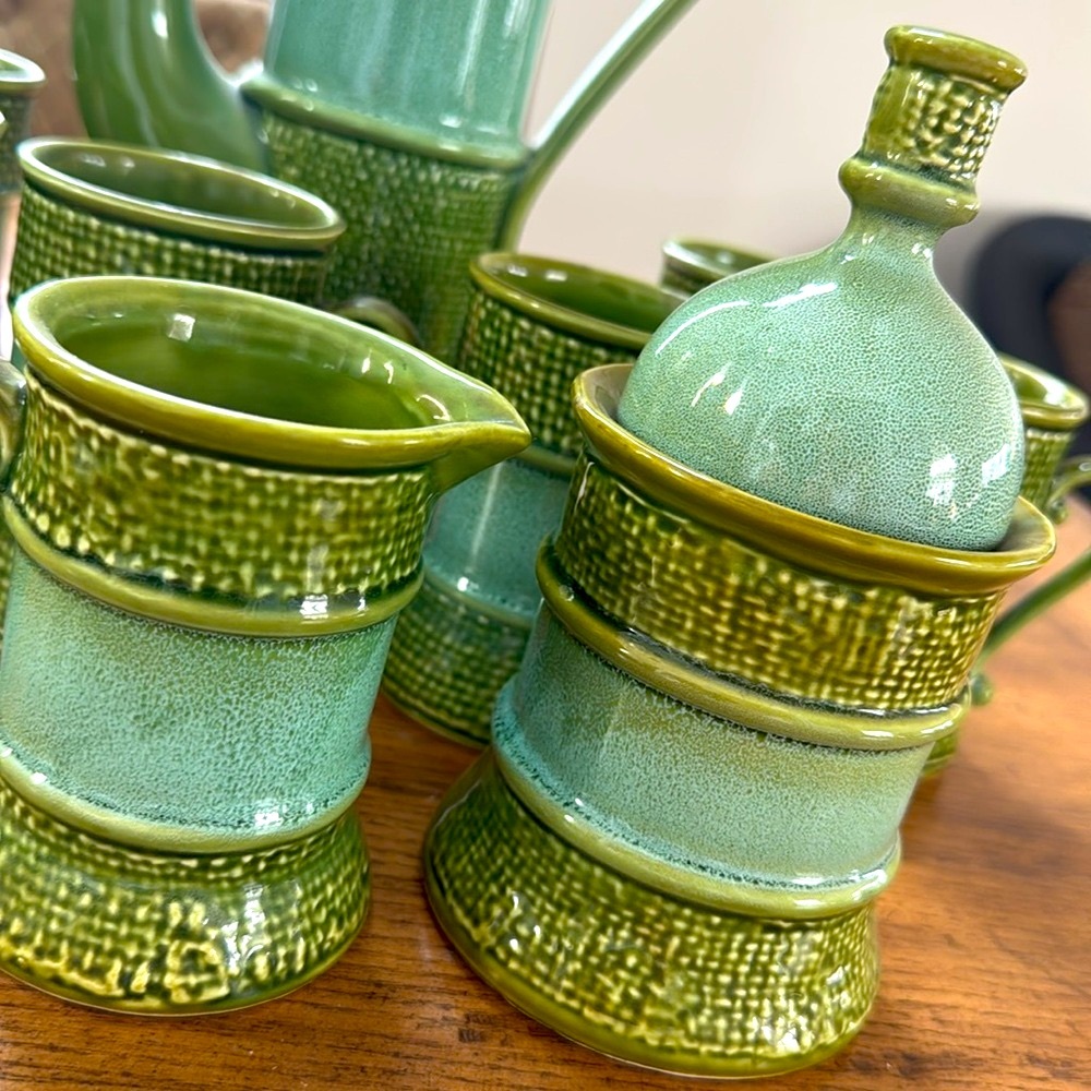 Vintage MCM Green Ceramic Coffee Set | Carafe 16 1/2 tall by 8 1/2 wide - Picture 6 of 17